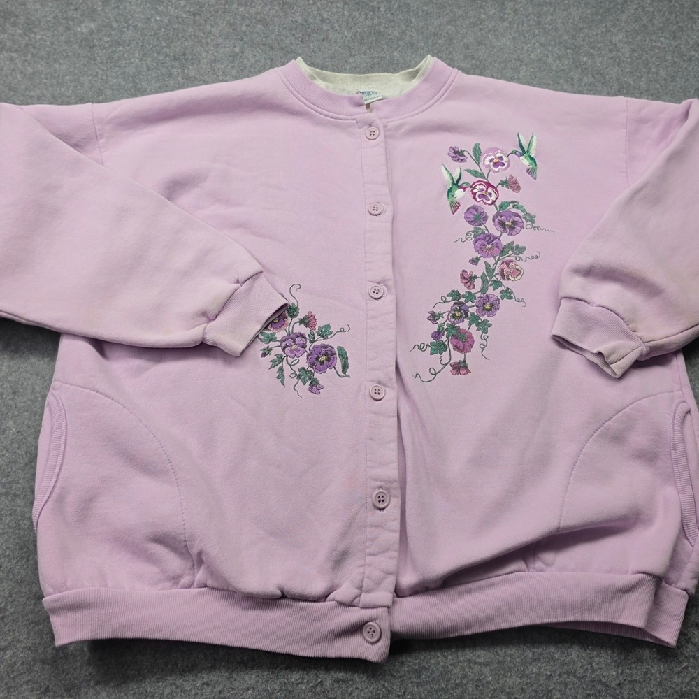 Artisans Sunschein Designs Lavender Embroidered Hummingbird Button Sweater USA
